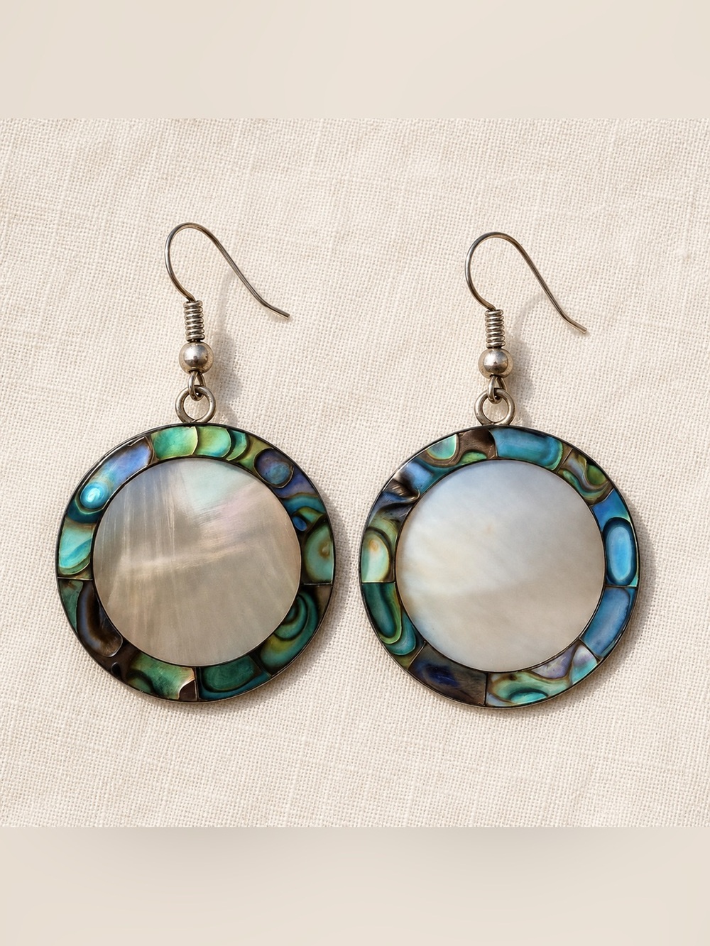CaliGirl Abalone & Mother of Pearl Round Drop Earrings Boho Shell Dangle